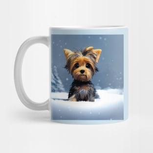 Cute Yorkshire Terrier Puppy in the winter snow Mug